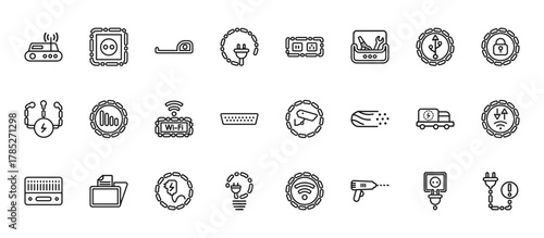 24 set of outline web electrian connections icons such as socket, switch, full, truck, connections vector thin icons for report, presentation, diagram, web design, mobile app
