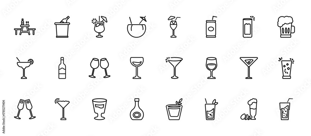 Fototapeta premium 24 set of outline web drinks icons such as ice bucket and bottle, blue lagoon, wine bottles, manhattan drink, armagnac vector thin icons for report, presentation, diagram, web design, mobile app