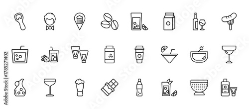 24 set of outline web drinks icons such as bartender, lemon juice, daiquiri, greyhound drink, chote vector thin icons for report, presentation, diagram, web design, mobile app