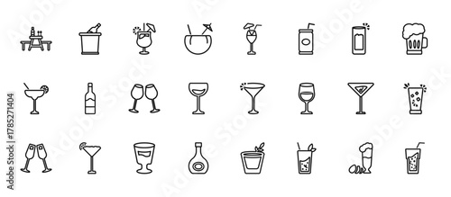 24 set of outline web drinks icons such as ice bucket and bottle, blue lagoon, wine bottles, manhattan drink, armagnac vector thin icons for report, presentation, diagram, web design, mobile app