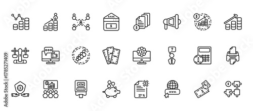 24 set of outline web digital economy icons such as growth, invoice, social media, calculator, piggy bank vector thin icons for report, presentation, diagram, web design, mobile app