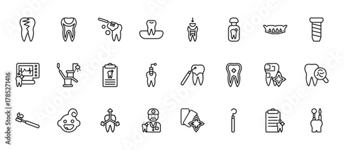 24 set of outline web dentist icons such as tooth filling, dental filling, dental chair, breath, dentist vector thin icons for report, presentation, diagram, web design, mobile app