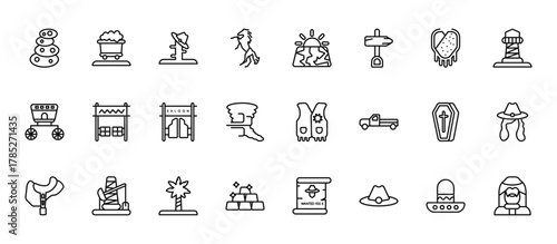 24 set of outline web desert icons such as mine wagon, salty desert, paddock, coffin, ingots vector thin icons for report, presentation, diagram, web design, mobile app
