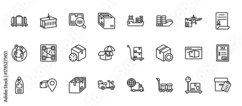 24 set of outline web delivery and logistics icons such as container, ship by sea, qr code, delivery by website, motorbike vector thin icons for report, presentation, diagram, web design, mobile app