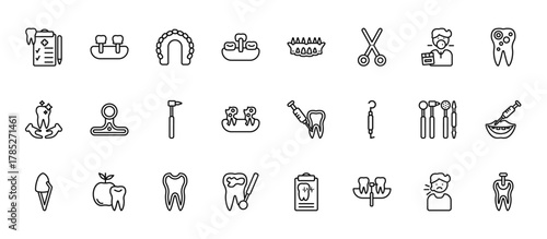 24 set of outline web dentist icons such as fake tooth, dental prosthesis, headlamp, dentist tools, cavities vector thin icons for report, presentation, diagram, web design, mobile app