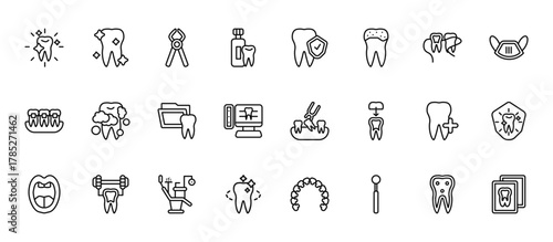 24 set of outline web dentist icons such as shiny tooth, prophylaxis, tooth cleaning, aid, tooth whitening vector thin icons for report, presentation, diagram, web design, mobile app