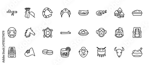 24 set of outline web culture icons such as native amertican arrows and quiver, cantonese fish, horse head, cake with a flag, caipirinha drink glass of brazil vector thin icons for report,