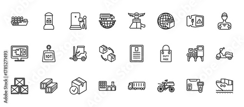 24 set of outline web delivery and logistics icons such as postbox, arrival, weight limit, delivery x ray, factory vector thin icons for report, presentation, diagram, web design, mobile app