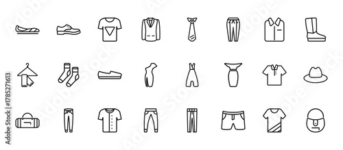 24 set of outline web clothes icons such as leather derby shoe, tie, women socks, cotton polo shirt, boyfriend low jean vector thin icons for report, presentation, diagram, web design, mobile app