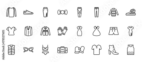 24 set of outline web clothes icons such as sneaker, leggins, oxford wave blazer, short, messenger bag vector thin icons for report, presentation, diagram, web design, mobile app