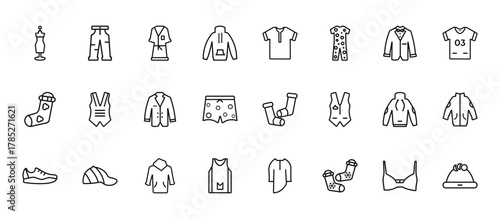24 set of outline web clothes icons such as jeans, t-shirt, vest, sweater, tanktop vector thin icons for report, presentation, diagram, web design, mobile app
