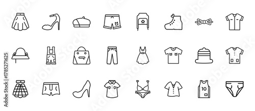 24 set of outline web clothes icons such as high heel, ushanka, dungarees, bowler, polo shirt vector thin icons for report, presentation, diagram, web design, mobile app