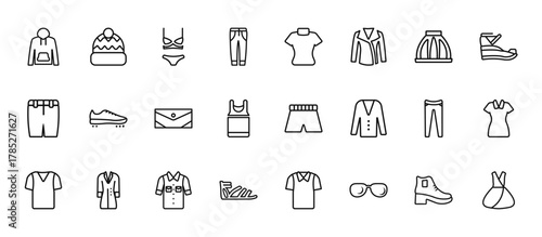 24 set of outline web clothes icons such as knit hat with pom pom, turtleneck, soccer shoe, slim fit pants, gladiator sandal vector thin icons for report, presentation, diagram, web design, mobile