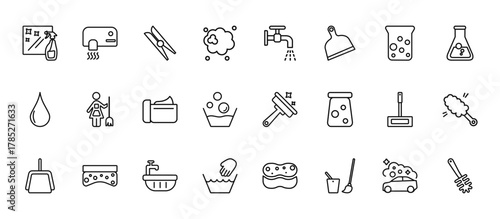 24 set of outline web cleaning icons such as hand dryer, tap, charwoman, mop, hand wash vector thin icons for report, presentation, diagram, web design, mobile app