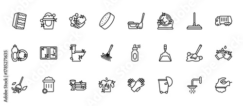 24 set of outline web cleaning icons such as bucket cleanin, mop cleanin, window cleanin, wiping swipe for floors, dress vector thin icons for report, presentation, diagram, web design, mobile app