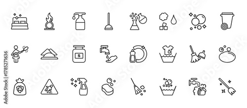 24 set of outline web cleaning icons such as oxidizing agent, chemical reaction, serviette, sweep, sponge vector thin icons for report, presentation, diagram, web design, mobile app