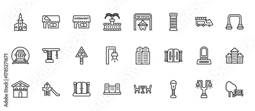24 set of outline web city elements icons such as pizzeria, fire station, tower crane, cementery, government buildings vector thin icons for report, presentation, diagram, web design, mobile app