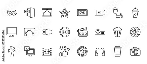 24 set of outline web cinema icons such as cinema exit, dvd, cinema curtains, popcorn box, thumb up with star vector thin icons for report, presentation, diagram, web design, mobile app