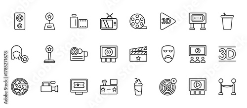 24 set of outline web cinema icons such as trophy with a star, movie roll, star movie award, movie theater, cinema snack bar vector thin icons for report, presentation, diagram, web design, mobile