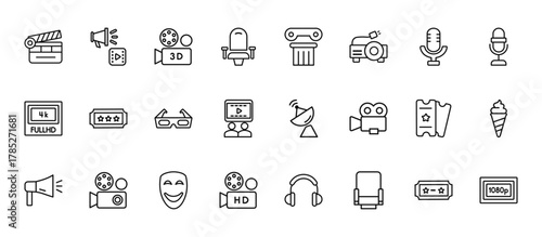 24 set of outline web cinema icons such as cinematographic announcer, theatre pillar, cinema ticket with a star, tickets, hd video vector thin icons for report, presentation, diagram, web design,