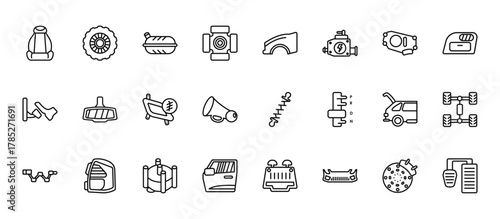 24 set of outline web car parts icons such as car tyre, car fender (us, canadian), rear-view mirror, boot, door vector thin icons for report, presentation, diagram, web design, mobile app