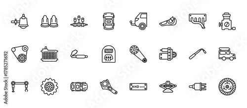 24 set of outline web car parts icons such as car cowl, car towbar, radiator, wheel brace, connecting rod vector thin icons for report, presentation, diagram, web design, mobile app