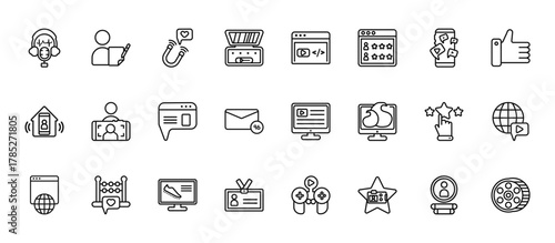 24 set of outline web blogger and influencer icons such as copywriter, script, selfie, rating, visitor vector thin icons for report, presentation, diagram, web design, mobile app