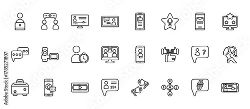 24 set of outline web blogger and influencer icons such as conversation, phone, camcorder, follow, follower vector thin icons for report, presentation, diagram, web design, mobile app