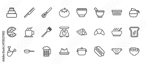 24 set of outline web bistro and restaurant icons such as thin knife, bowl of olives, breakfast cup, hot soup, creme caramel vector thin icons for report, presentation, diagram, web design, mobile