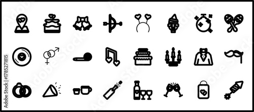 24 set of outline web birthday and party icons such as wedding cake, headband, genders, suit, wedding champagne vector thin icons for report, presentation, diagram, web design, mobile app