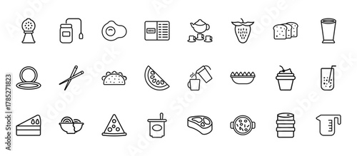 24 set of outline web bistro and restaurant icons such as infusion bag, tea, chopsticks, cupcake with cherry, yogurt with spoon vector thin icons for report, presentation, diagram, web design,