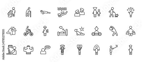 24 set of outline web behavior icons such as blindman with cane, two friends, man cycling, man warming up, man showering vector thin icons for report, presentation, diagram, web design, mobile app