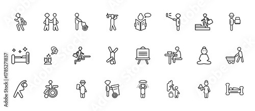 24 set of outline web behavior icons such as two men meeting, man reading newspaper, watering plants, yoga position, carry garbage vector thin icons for report, presentation, diagram, web design,