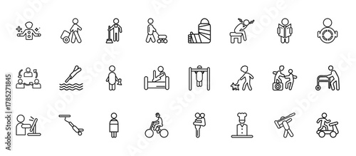 24 set of outline web behavior icons such as man travelling, fracture arm, headfirst to water, helping a man to climb, man riding bicylce vector thin icons for report, presentation, diagram, web