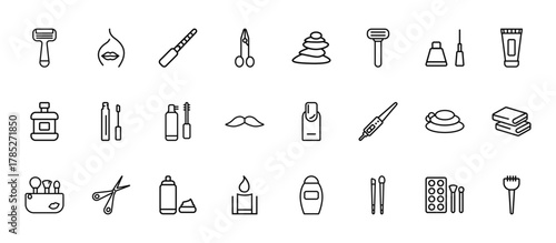 24 set of outline web beauty icons such as woman face, spa, concealer, three stones, candle vector thin icons for report, presentation, diagram, web design, mobile app