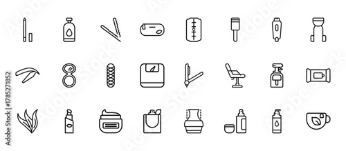 24 set of outline web beauty icons such as inclined bottle, big razor blade, powder, water spray, french perfume vector thin icons for report, presentation, diagram, web design, mobile app