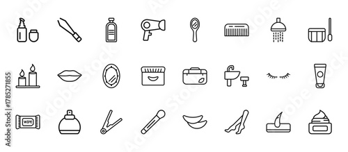 24 set of outline web beauty icons such as tweezers, hand mirror, woman lips, two eyelashes, blush vector thin icons for report, presentation, diagram, web design, mobile app