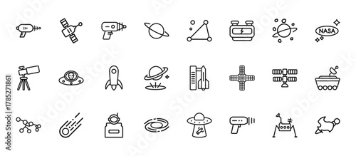 24 set of outline web astronomy icons such as space module, triangulam australe, alien with aqualung, international space station, nebula vector thin icons for report, presentation, diagram, web