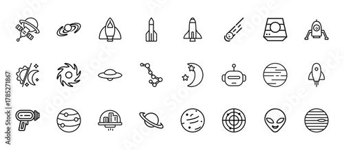 24 set of outline web astronomy icons such as galaxy, space shuttle, black hole, neptune with satellite, planet vector thin icons for report, presentation, diagram, web design, mobile app