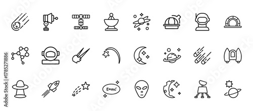 24 set of outline web astronomy icons such as voyager, planets, astronaut user, meteorites, relativity vector thin icons for report, presentation, diagram, web design, mobile app