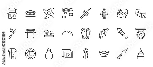 24 set of outline web asian icons such as forbidden city, sai, torii gate, firecrackers, dizi vector thin icons for report, presentation, diagram, web design, mobile app