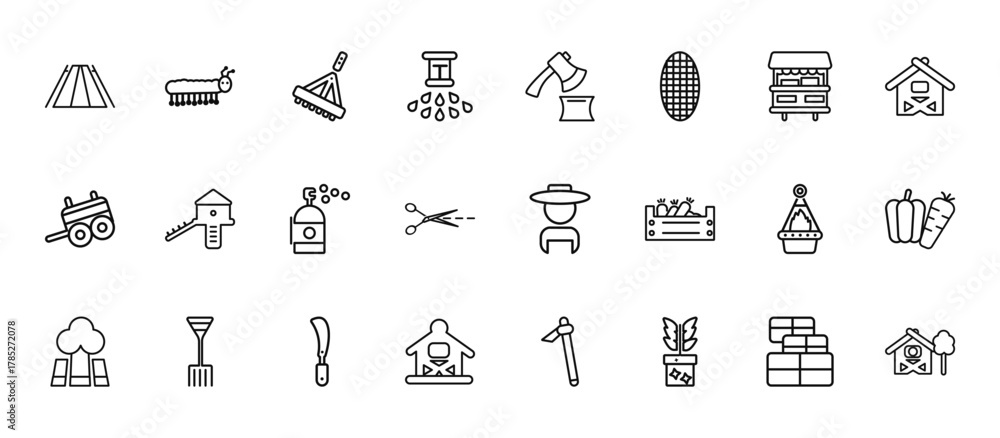 Fototapeta premium 24 set of outline web farming and gardening icons such as caterpillar, wood chop, chicken coop, hanging pot, barn vector thin icons for report, presentation, diagram, web design, mobile app