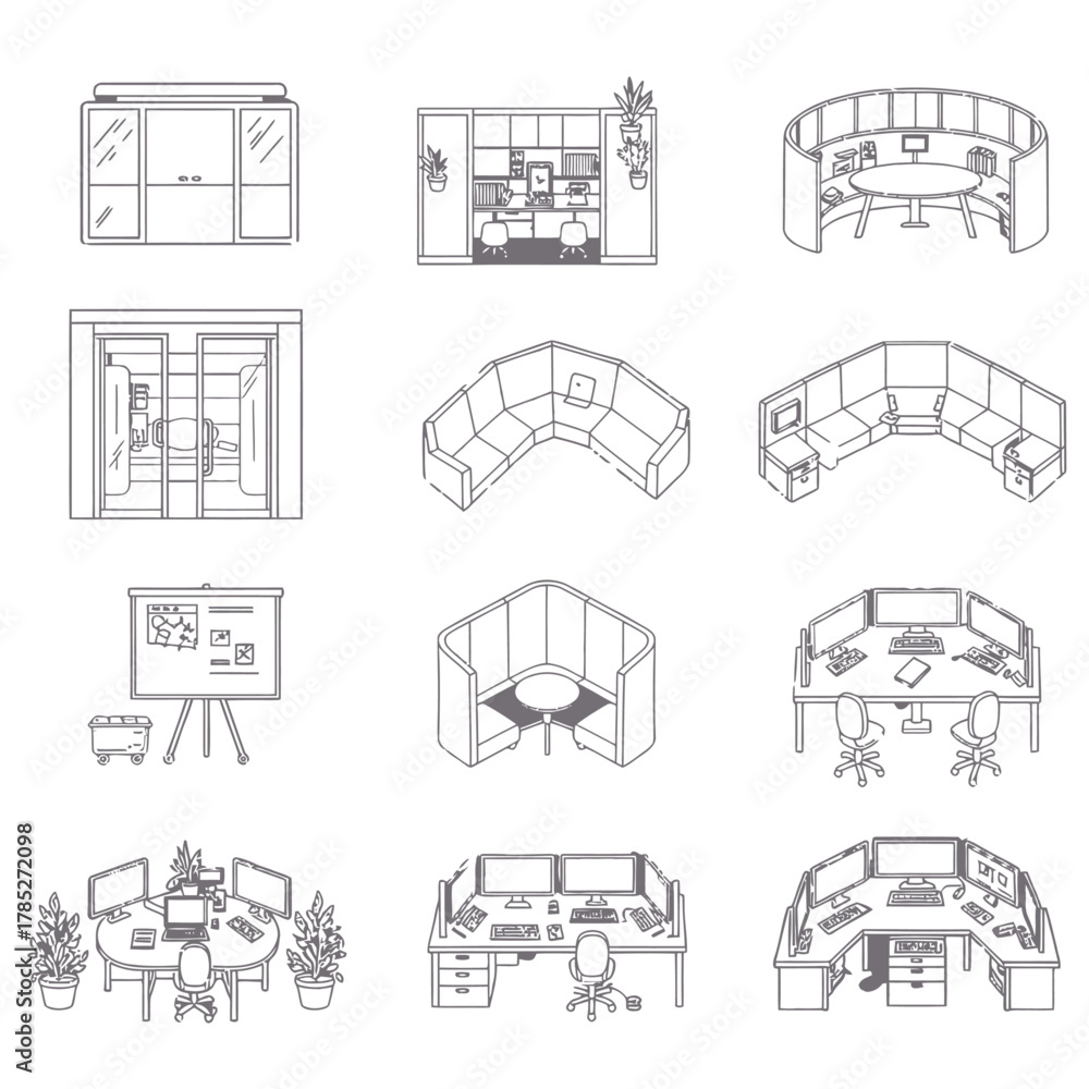 Naklejka premium office pod layout schematic design concepts depicting modern workplace privacy collaboration and agile workspaces for business and corporate presentations
