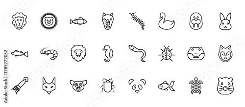 24 set of outline web animals icons such as hedgehog, centipede, shrimp, crocodile, beetle vector thin icons for report, presentation, diagram, web design, mobile app