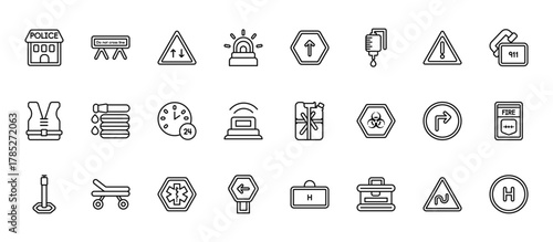 24 set of outline web alert icons such as do not cross line, ahead, water hose, turn right, keep left vector thin icons for report, presentation, diagram, web design, mobile app
