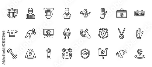 24 set of outline web american football icons such as referee, football player, picking the ball, american football medal, pad vector thin icons for report, presentation, diagram, web design, mobile