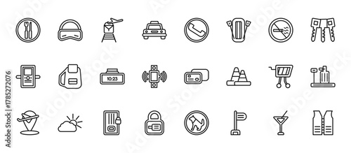 24 set of outline web airport terminal icons such as aeroplane pilot glasses, telephone, book bag with pockets, duty free basket, luggage security vector thin icons for report, presentation,