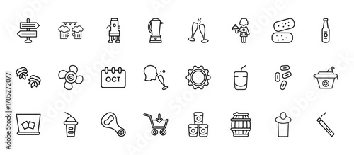 24 set of outline web alcohol icons such as oktoberfest, cheers, cooling, yeast, order vector thin icons for report, presentation, diagram, web design, mobile app