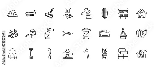 24 set of outline web farming and gardening icons such as caterpillar, wood chop, chicken coop, hanging pot, barn vector thin icons for report, presentation, diagram, web design, mobile app