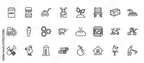 24 set of outline web farming icons such as water well, planting, carrots, combine harvester, wood logs vector thin icons for report, presentation, diagram, web design, mobile app